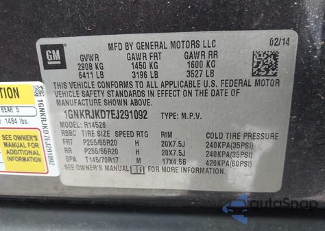 2014 Chevrolet Traverse Ltz from USA, damaged, VIN 1GNKRJKD7EJ291092